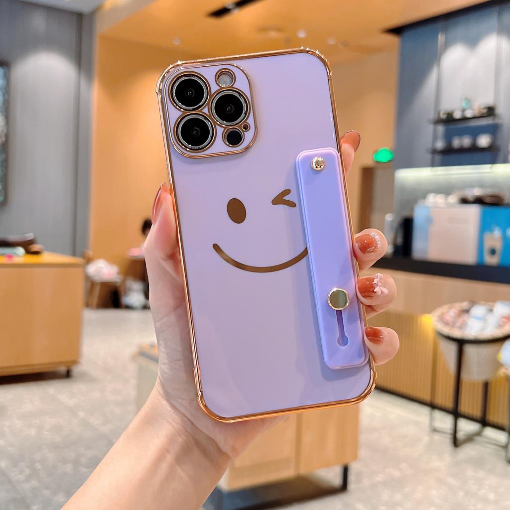 Electroplated side smiley face with bracket, suitable for Apple 16/17promax mobile phone case iPhone14/15 anti-drop cover