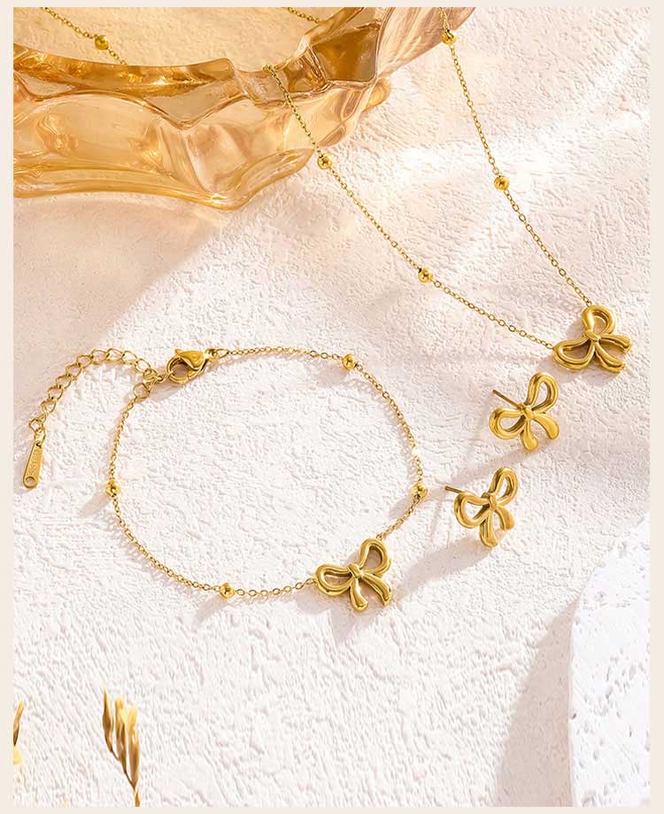 Stainless Steel Bowknot Jewelry Set Tarnish Free, Women's 3pcs Necklace Bracelet Stud Earrings, Beaded Chain Minimalist Jewelry