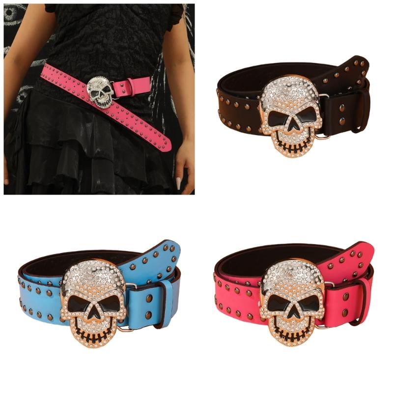 Rhinestones Skull Buckle Belt for Women Men with Rivet Studded Hiphop Belt for Jeans Popular Rockers Waist Accessories
