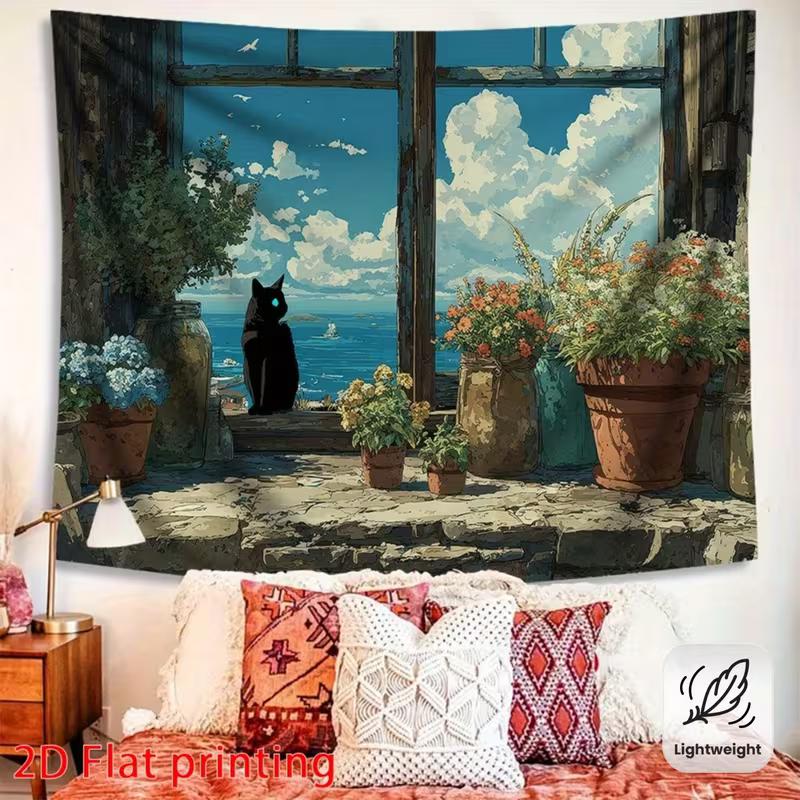 

2D Vintage Window Cat Backdrop Cloth, Coastal Flower Pot Room Background 47.2x31.5inch/120*80cm