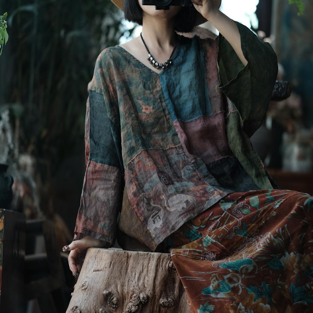 Johnature Vintage Women Patchwork Color T-Shirts V-Neck Long Sleeve Ramie High Quality Autumn Loose T-Shirts