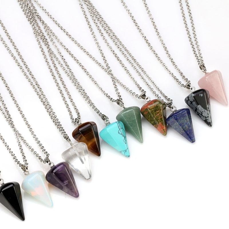 1pc Natural Stone Hexagonal Pendant Chain Necklace Taper Soul Swing Bullet Crystal Necklace For Men And Women