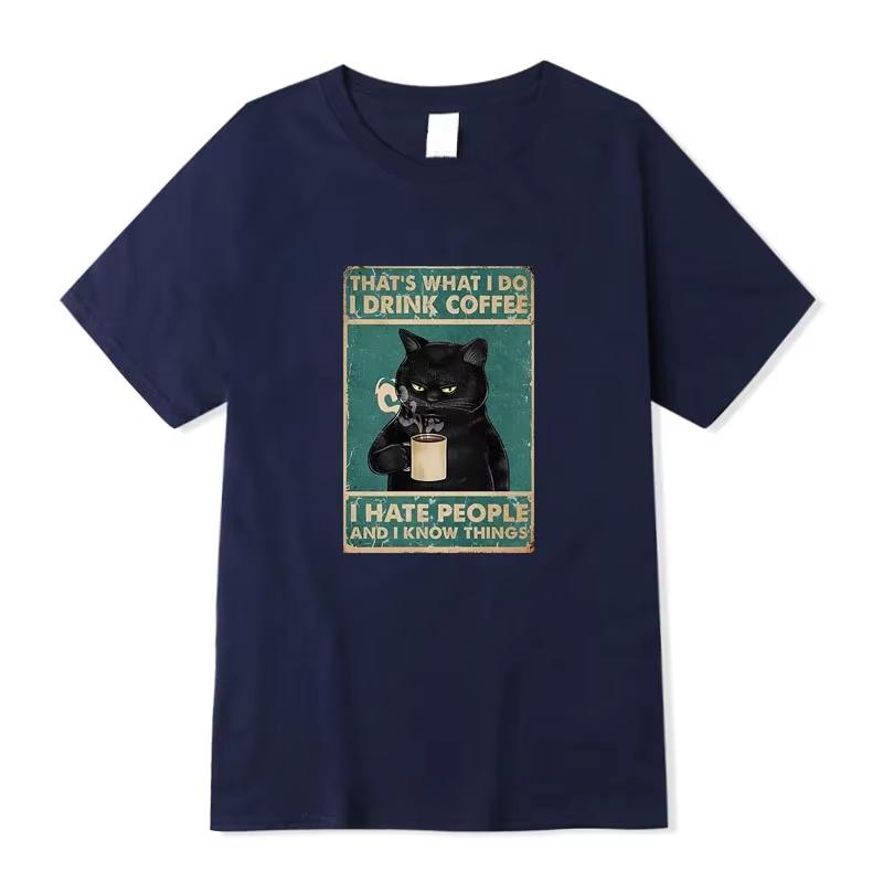 Summer casual cool loose mens Oneck Tshirt mens top mens Tshirt highquality 100 pure cotton fun cat drink coffee print