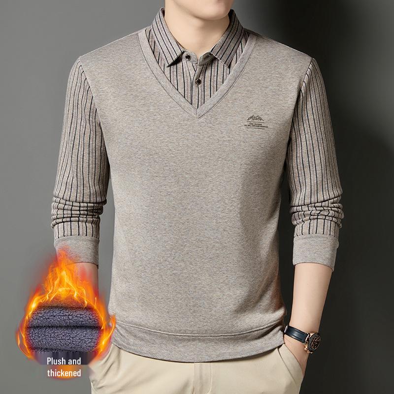 Men's Winter Striped Knitted Sweater - Faux Two-Piece with Turn-Down Collar, Fleece Lined