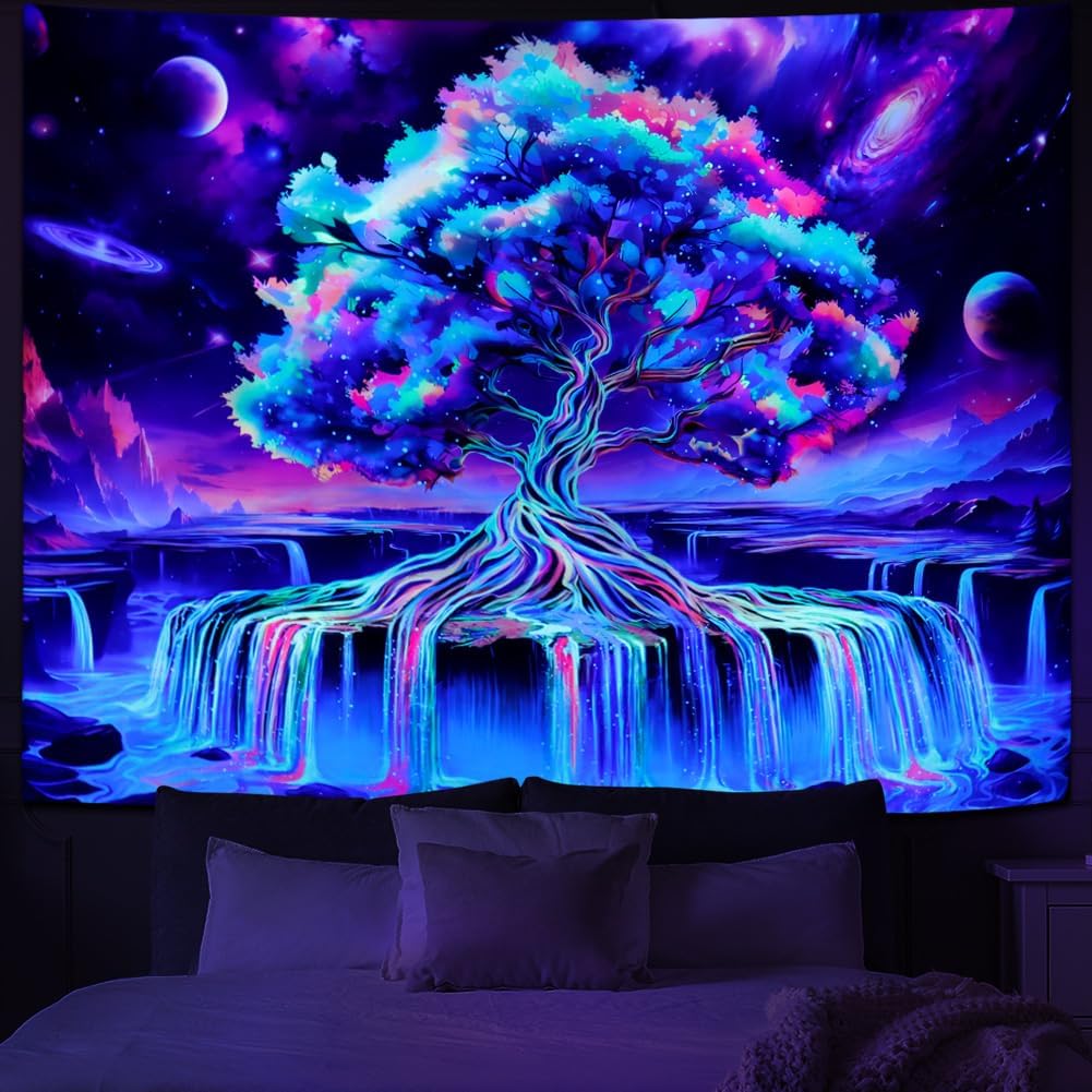 Obsecolors Blacklight Tree of Life Tapestry UV Reactive Waterfall Tapestry Galaxy Space Aesthetic Tree Wall Tapestries Colorful Starry Sky Tapestries