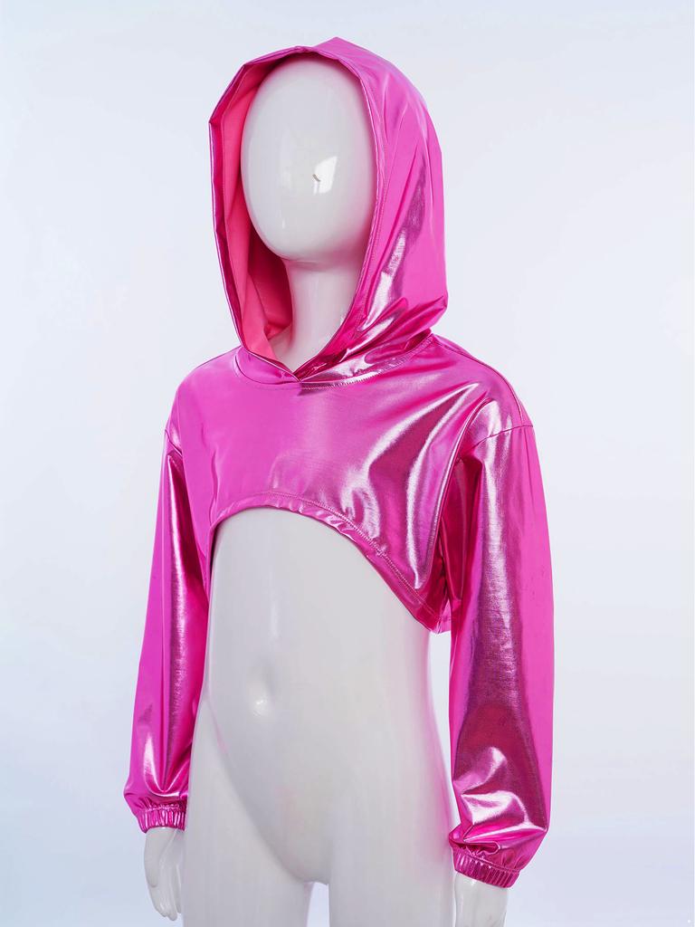 Costume de Performance de Danse Hip Hop Jazz pour Filles Ourlet Asymétrique Sweat à Capuche Métallique Haut Court à Manches Longues