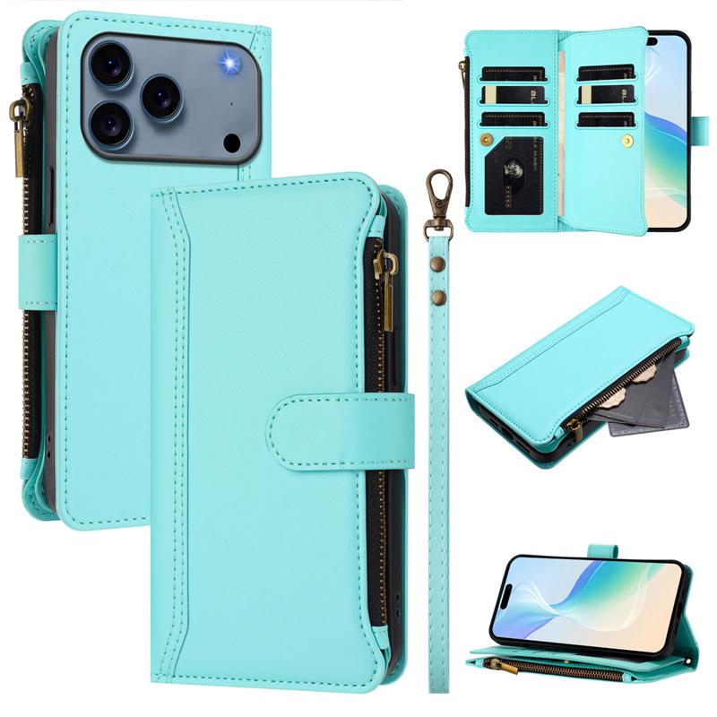 Apple 17 Pro Max Solid Color Zipper Wallet Case for Nine Cards – Compatible with iPhone 16/15/14