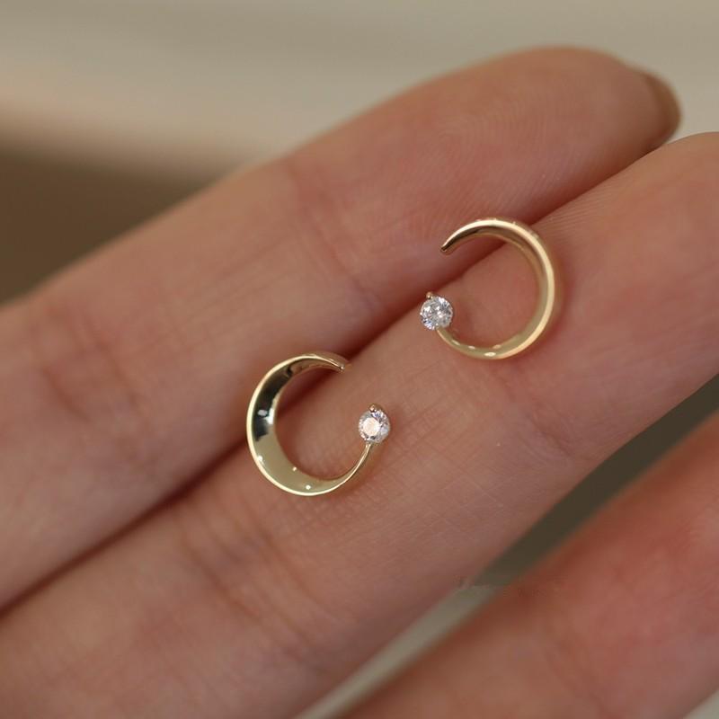 

925 Sterling Silver Small Zircon Glossy Moon Stud Earrings for Women Korean Sweet 14K Gold Plated Jewelry Gift Gold