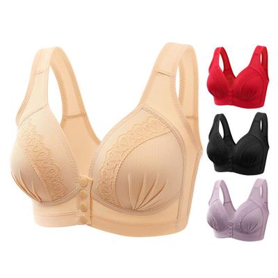 Mid-aged Women Bra Stretchy Fixed Shoulder Strap Lace Front Button Closure Lace Wireless Good