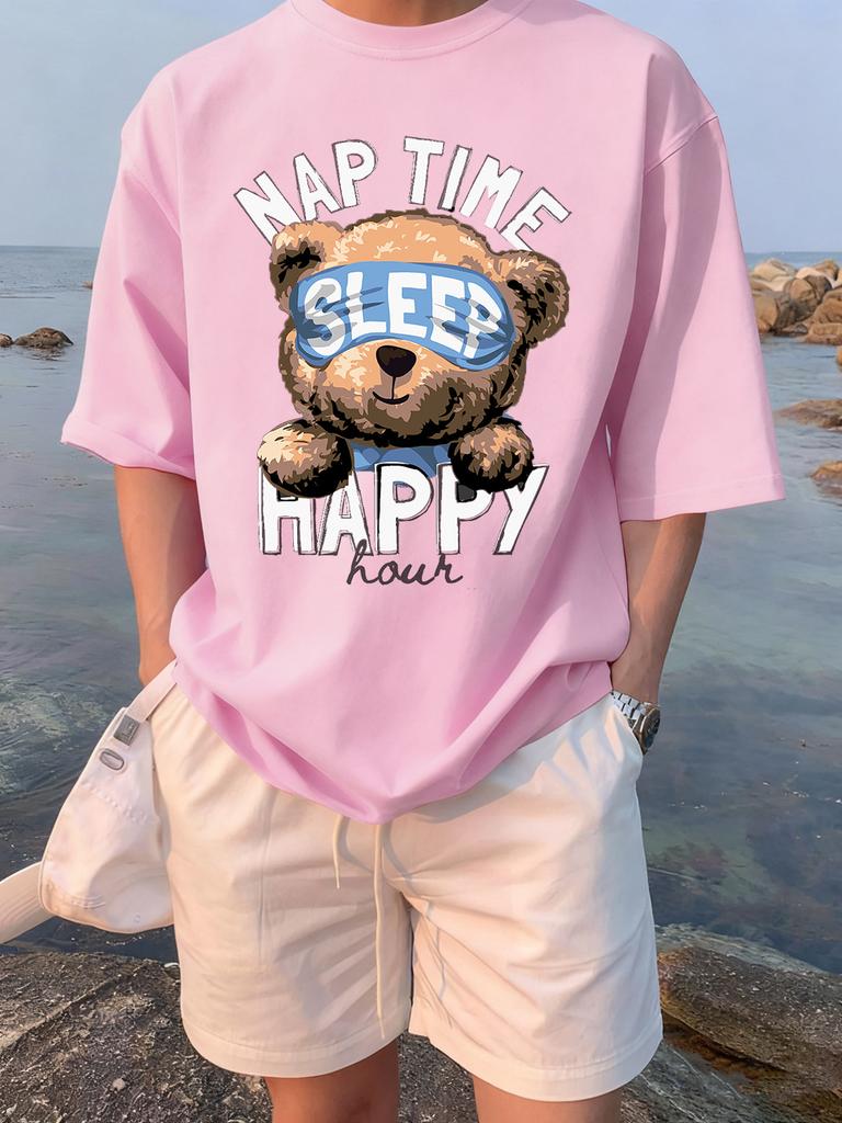 Cartoon Bear Nap Time Happy Prints TShirts Womens Cotton Summer Short Sleeve Tees Soft Loose ONeck Tops Casual Womans Clothes