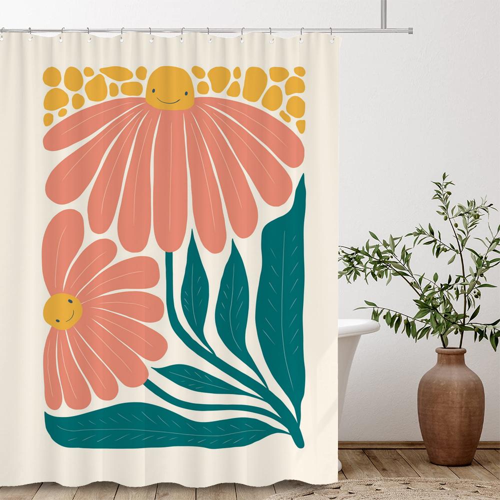 Artistic Abstract Plants and Flowers Print Shower Curtain Polyester Fabric Bath Curtain With Hooks Curtains For Bathroom Decor