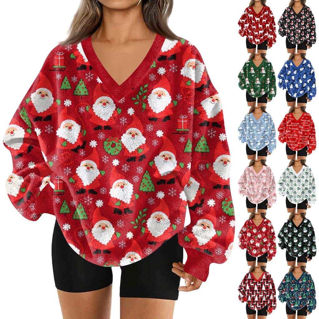 Women's Fashionable V-neck Christmas Printed Long Sleeved Casual Pullover Plush Warm Pocket Sweatshirt Top
