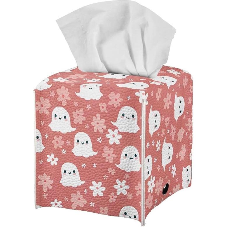 Halloween Black Cute Ghost Tissue Holder Faux Leather Square Tissue Box Covers Soft Folding Easy to Clean Decorative Bathroom Accessory Tissue Box Halloween Cute Ghost Flow