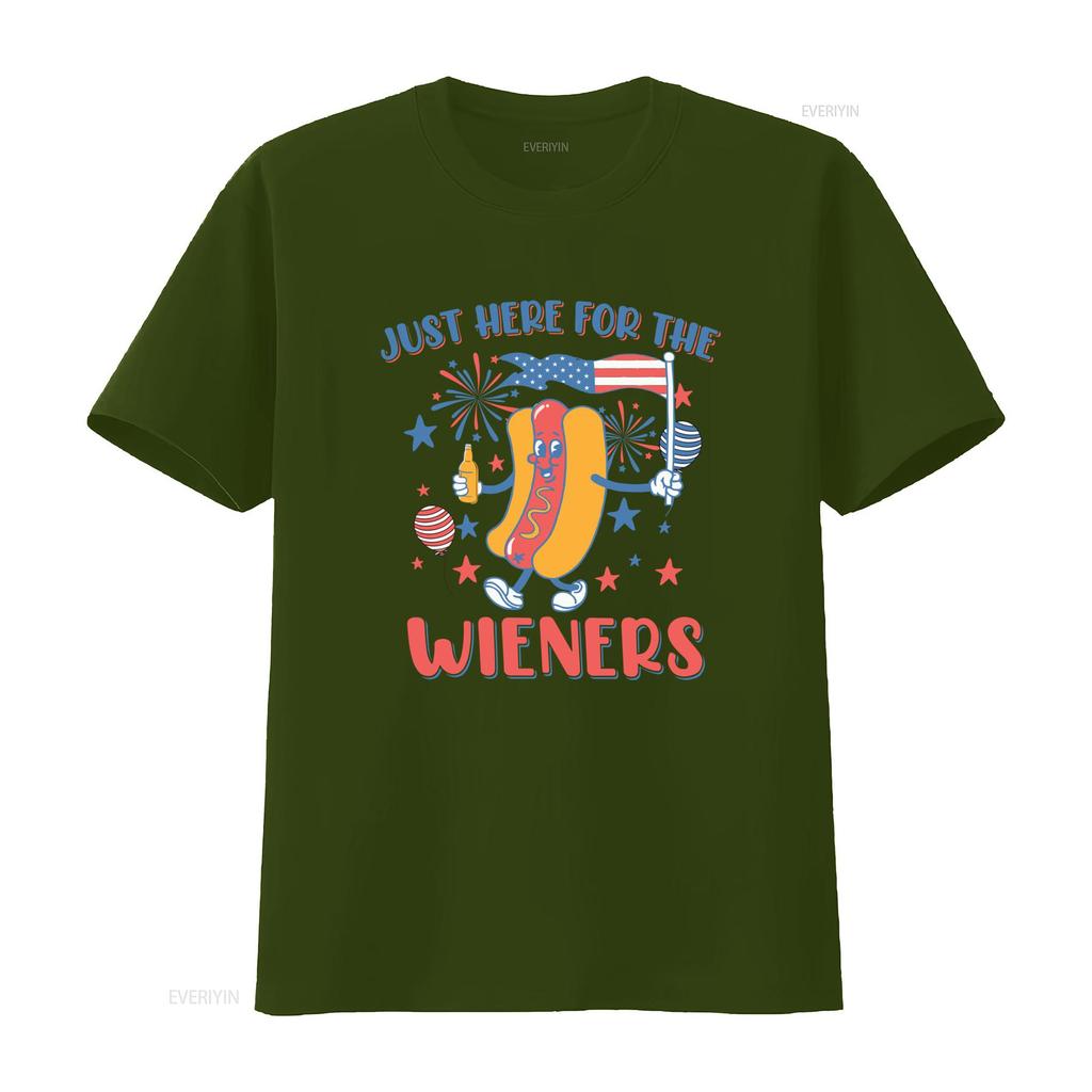 Retro Funny Th of July Just Here For The Wieners Hot Dog Patriotic Print Casual T Shirt Vintage Washed Soft Unisex Stylish
