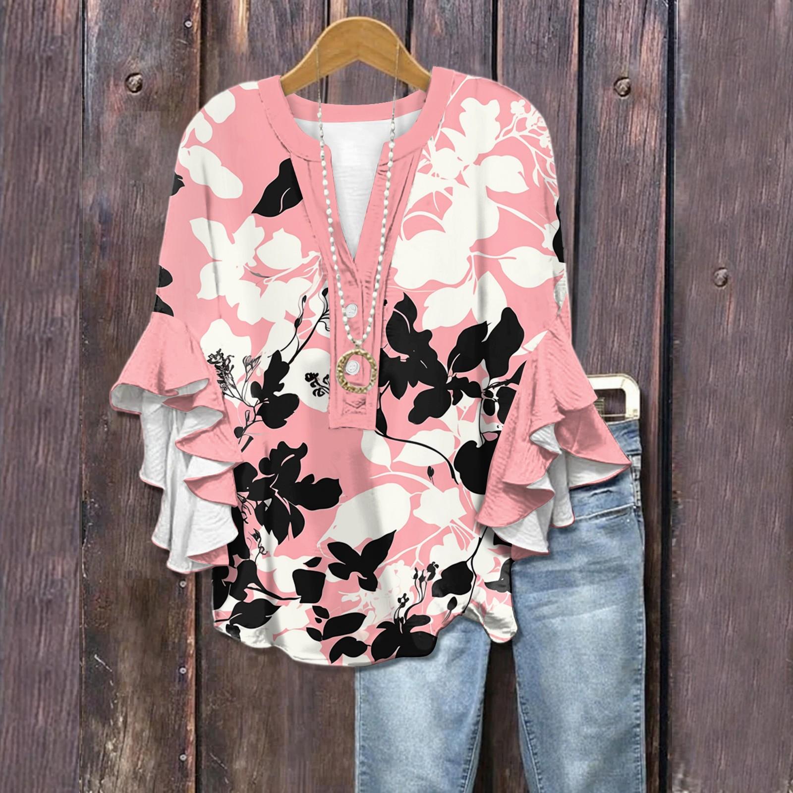 

Летние топы для женщин, симпатичные блузки с V-образным вырезом и рукавом 3/4, повседневные рубашки с цветочным принтом XL розовый