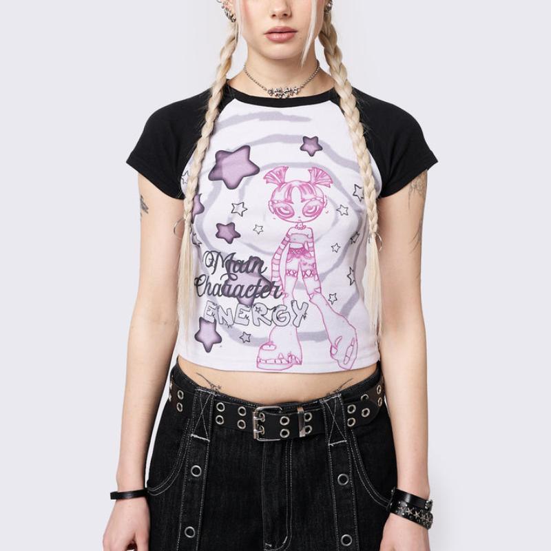

Симпатичный эстетичный женский повседневный топ с открытым пупком в стиле ретро Y2K Harajuku, облегающий топ в стиле панк с мультяшным рисунком и принтом