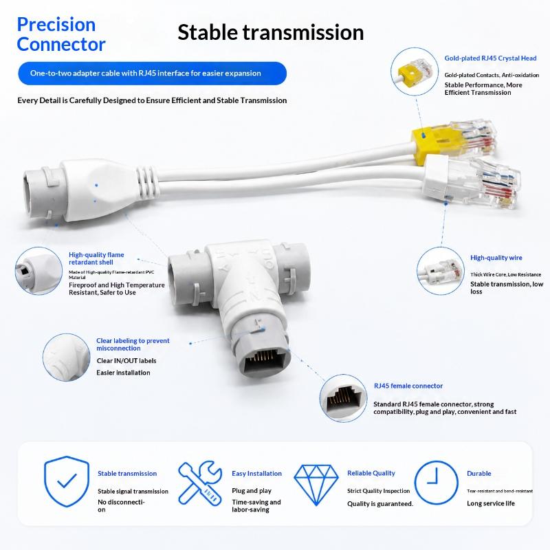 2 In 1 POE Splitter Adapter 3 Way RJ45 Connector Durable Stable Transmission for CCTV IP Camera Security Monitoring System