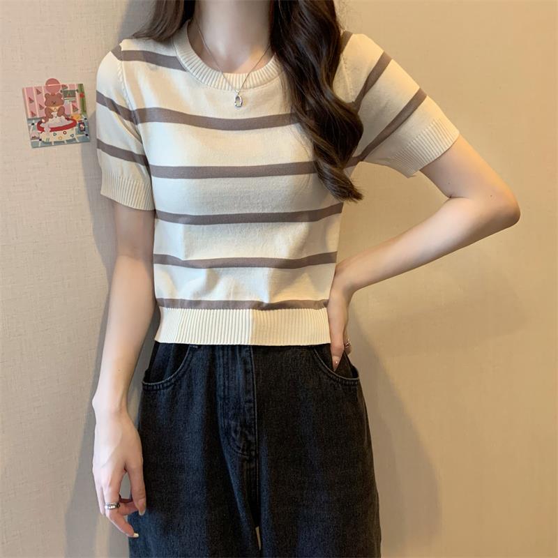 Tenké retro pruhované pletené tričko s kulatým výstřihem a krátkým rukávem, letní topy, dámské ležérní, základní pohodlí a styl, slim fit svetry, trička