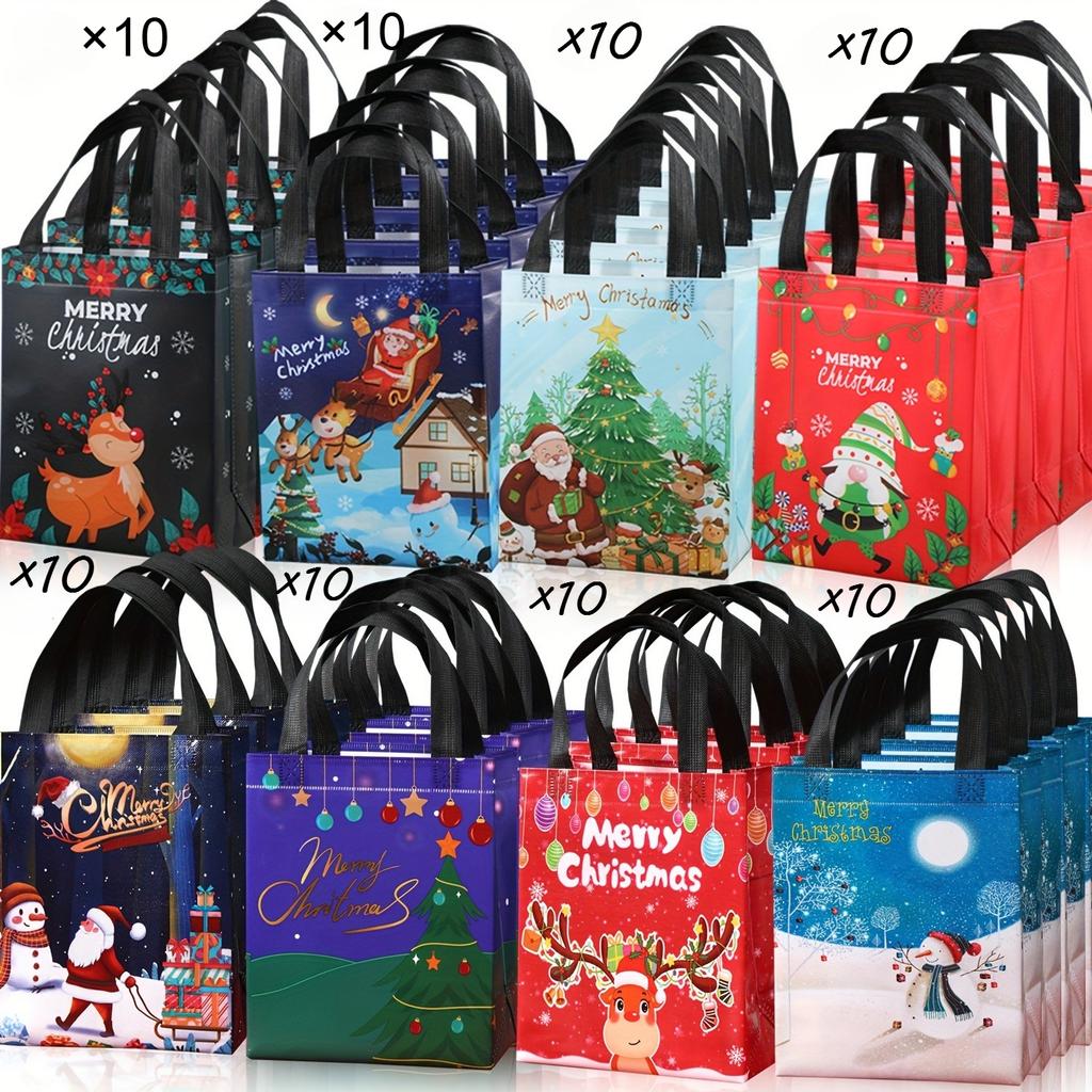 Christmas Gift Bags with Gift Tags, Large Reusable Shopping Totes, Festive Santa, Tree, Snowman "Merry Christmas" Design