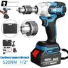 21V 520Nm Torque Rechargeable Cordless Brushless Electric Impact Wrench with 2 Battery Power Tools 1/2" Electric Wrench
