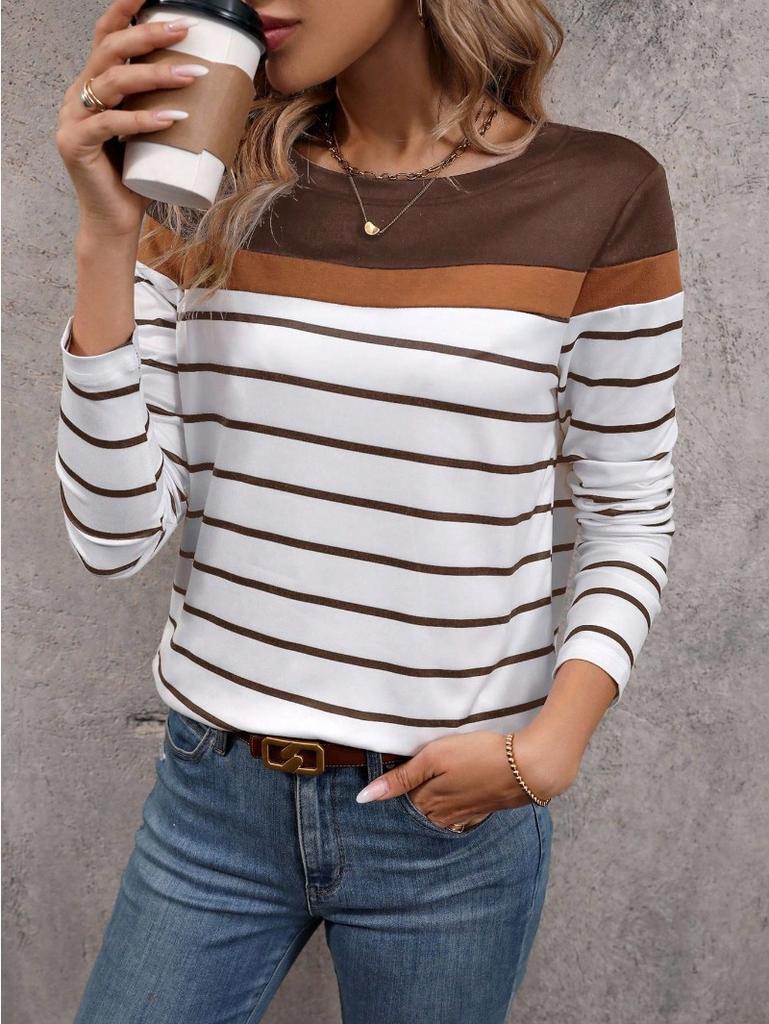 Damen T-Shirt 3D Streifen Colorblock Print Mode Langarm Rundhals Regular Top Feiertagswochenende Frühling und Herbst