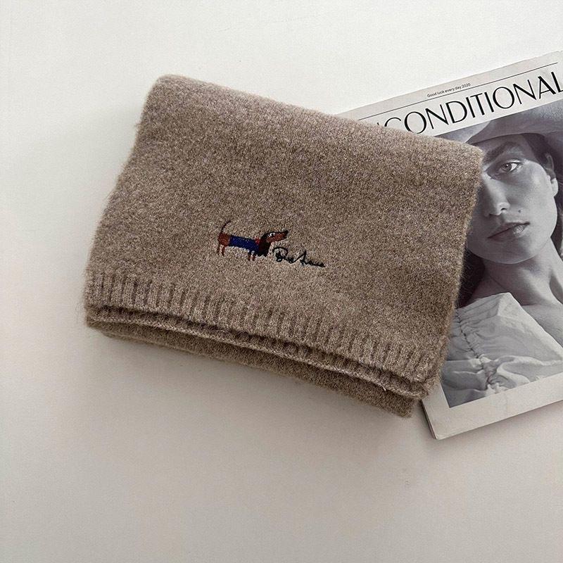 Korean Version with Wool Scarf for Women Winter New Versatile Solid Color Ins Scarf Beige Student Advanced Puppy Embroidery