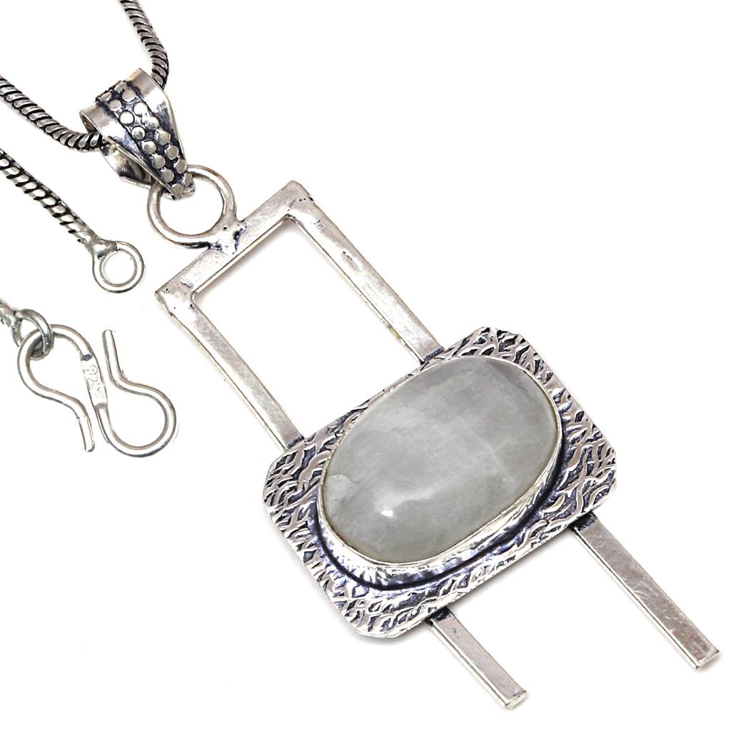 Pendant Moonstone Cabochon Gemstone Handmade Antique Silver Jewelry 2.75"