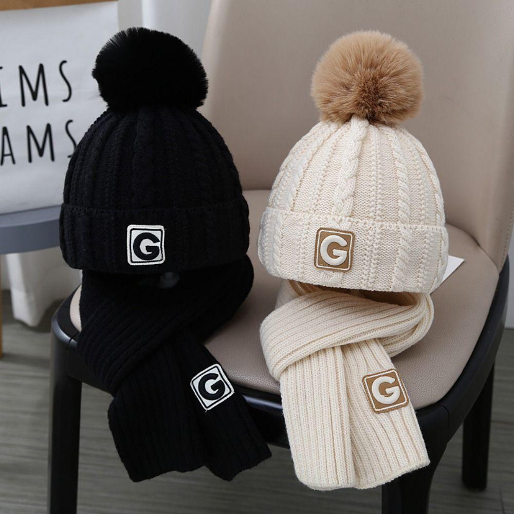 Cute Winter Hats Scarf Set Children Fur Pompom Winter Hats New Warm Knit Beanies