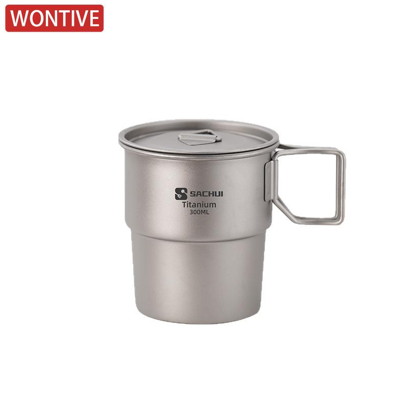 1pc Tiartsian Pure Titanium 300ml Coffee Cup Outdoor Camping Ultralight Portable Folding Handle Tea Water Mug Tableware