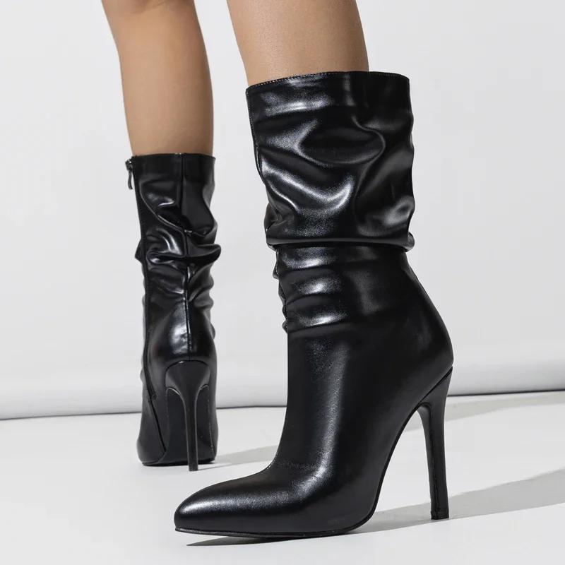 Fashion Eilyken Design Sexy Pleated Pointed Toe Zipper Women Ankle Boots Fashion Thin High Heels Stripper Modern Booties Shoes