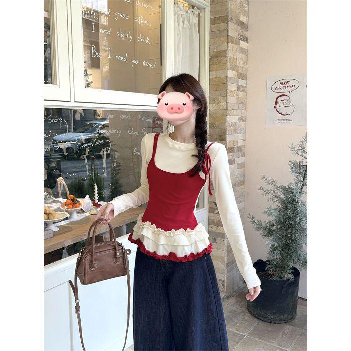 

Женская весенняя футболка с оборками в милом стиле, состоящая из двух частей, облегающая, с длинными рукавами Small