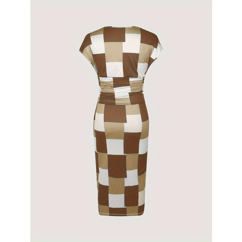 Patchwork Print V Neck Dress, Elegant Short Sleeve Dress For Spring & Summer, Women's Clothing