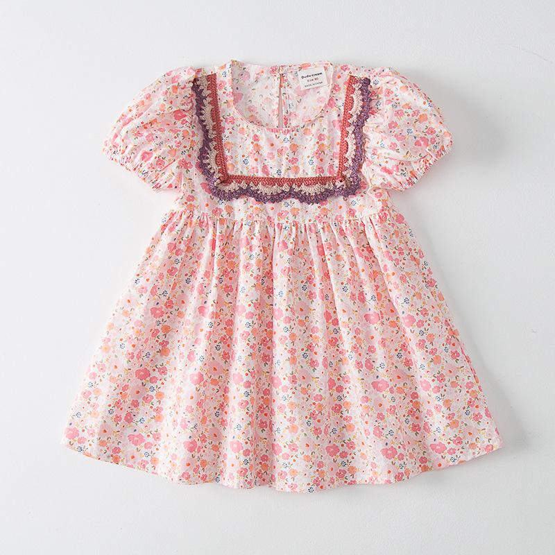 Girls Summer Square Neck Puff Sleeve Floral Lace Princess Dress Short Sleeve Sweet Children Dress For Kids Party Wear 90cm
