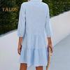 Button Down Shirt Dress for Women Casual Half Sleeve V-neck Stripe Dress Flowy A-line Midi Dress for Summer Beach Vacation