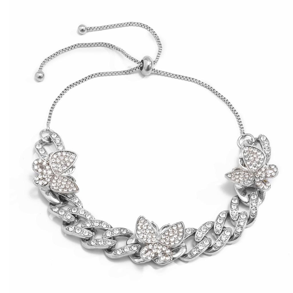 Simple Temperament Diamond-Encrusted Butterfly Anklet Female, Hip-Hop Retro Diamond-Encrusted Cuban Chain Foot Decoration
