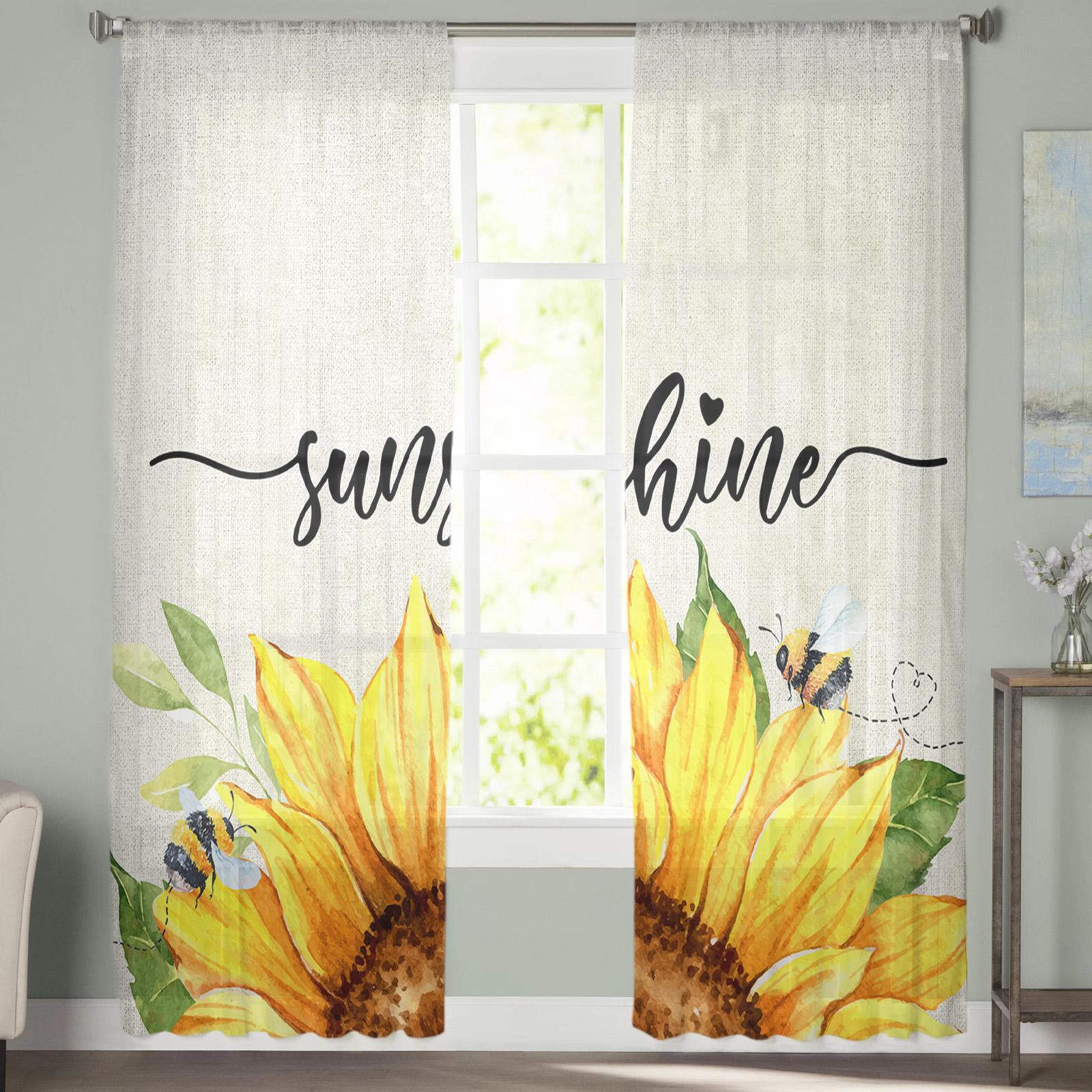 Акварельные цветы Подсолнухи Пчелы Прозрачная вуаль Шторы для окон Тюль Шторы — фото 4