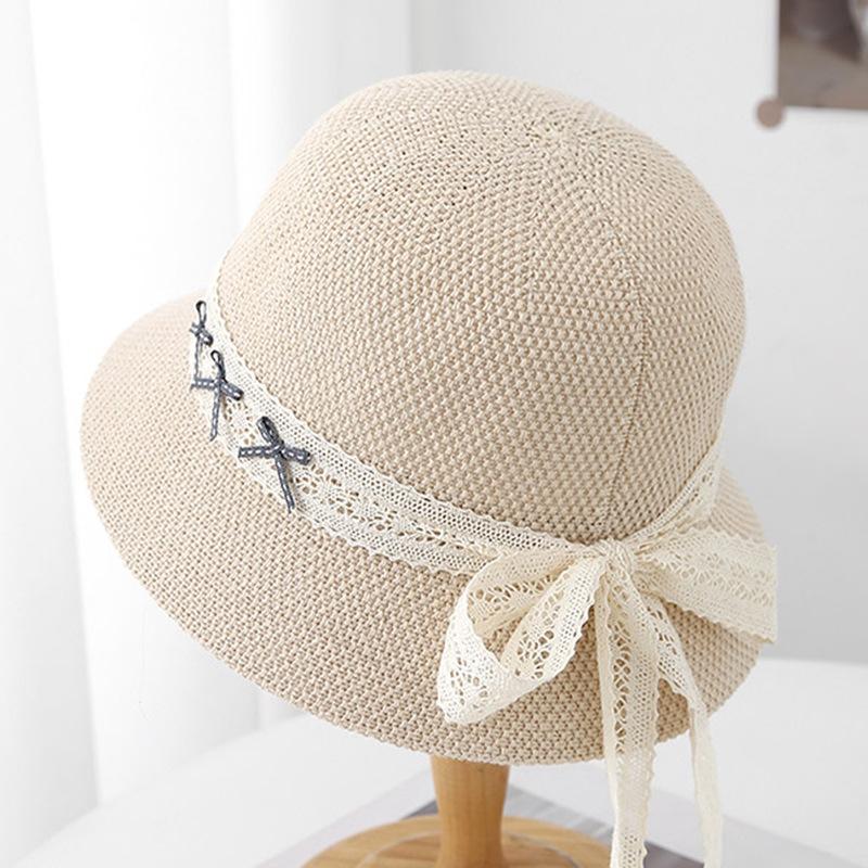 Breathable New Hat Women's Bucket Hat Spring and Summer Bow Lace Streamer Hollow Sunscreen Sunshade Sun Hat