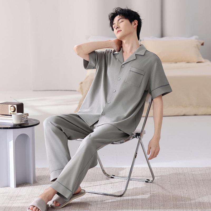 Men's 100% Cotton Summer Pajama Set: Loose Short Sleeve Top & Long Pants for Middle-Aged Dads, Plus Size, High-End Comfort Home Wear