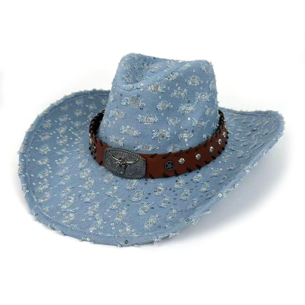 Fashion Denim Ripped Retro Western Denim Hat European And American Personalized Casual Jazz Hat Peach Heart Top Curved Brim Top Hat