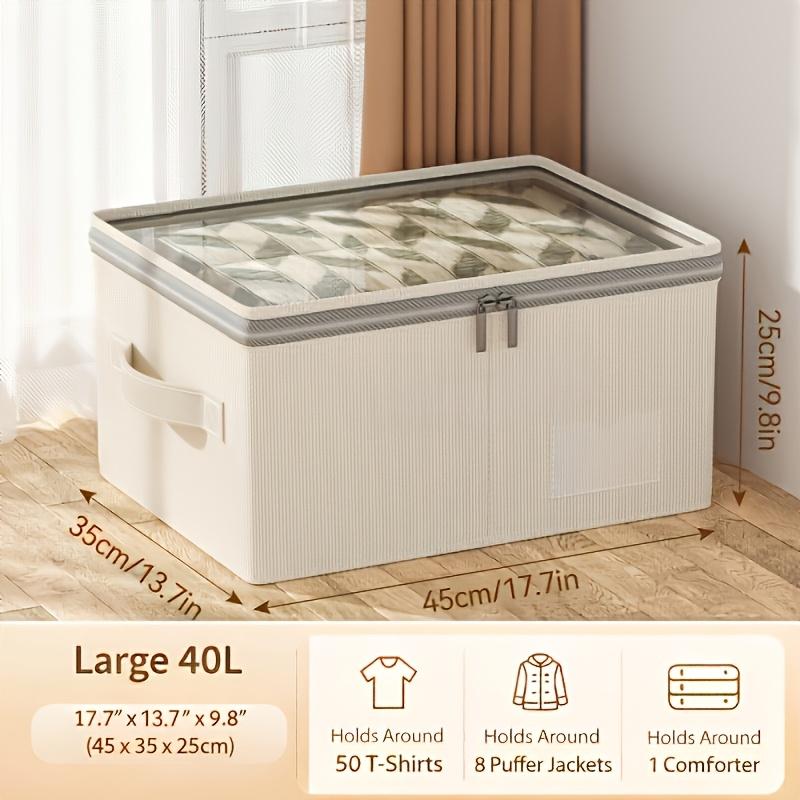 Linen Fabric Storage Box with Clear Window Collapsible Wardrobe Clothes Organizer Container with Lid Built In PP Board