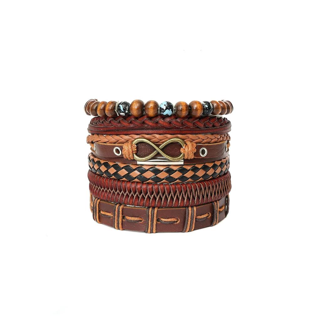 Retro Handmade Men's Woven Leather Bracelet with Bull Head & Feather Decor.