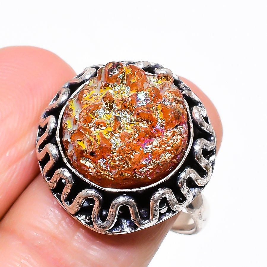 Orange Titanium Druzy Gemstone 925 Sterling Silver Jewelry Ring Size 8 KJ-560