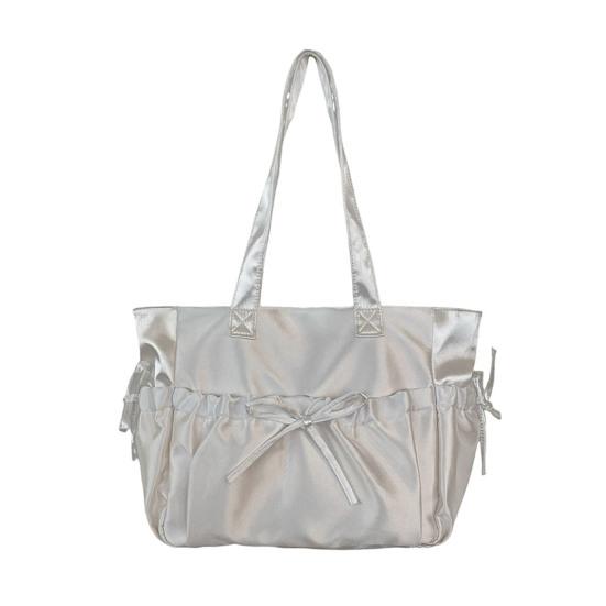 Women Wrinkled Shoulder Bag Glossy Tote Bag with Bows Large Capacity Handbag Purse for Daily Outings Street Commuting Parties Date
