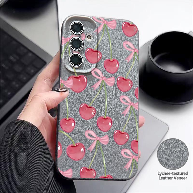 Cherry Bowknots Print Case For Samsung S26 Ultra S25 A18 S24 S23 S22 S21 FE A15 A16 A17 A35 A36 A37 A54 A55 A56 A57 Leather Texture Silicone Cover