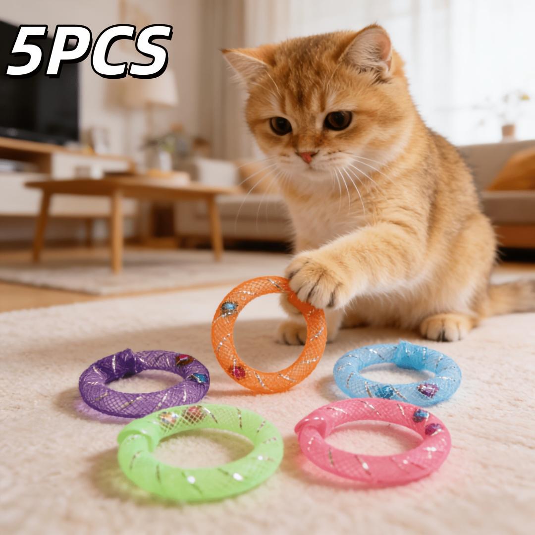 

5pcs Random Color Cat Toys - Soft Mesh Tube Self-Play Donuts for Cats, Bell-Sounding Self-Entertainment Boredom-Relief Chew and Tease Toys