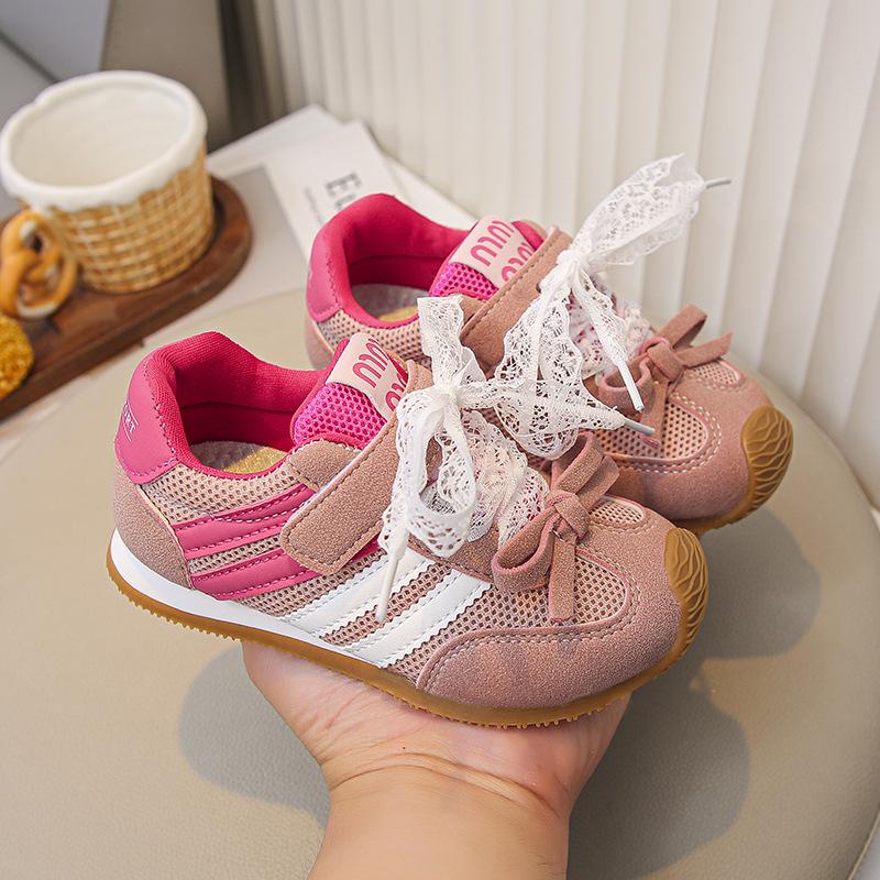 2025 Autumn New Children's Casual Shoes Korean Version Bow Lace Strap Single Mesh Breathable Girls Forrest Gump Shoes