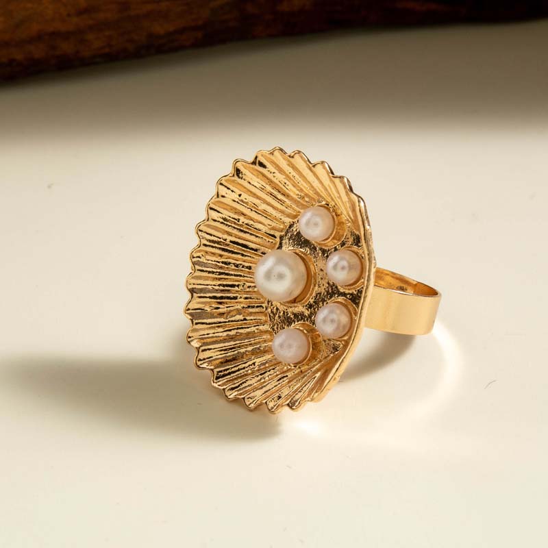 Vintage Gold Color Imitation Pearl Flower Open Rings For Women Exaggerated Metal Irregular Geometric Finger Rings Jewelry