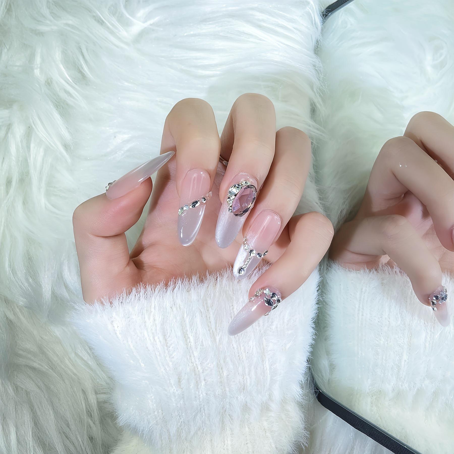 Handmade Silver Diamond Fairy Cat Eye Nails - Luxury Style, Ready Stock