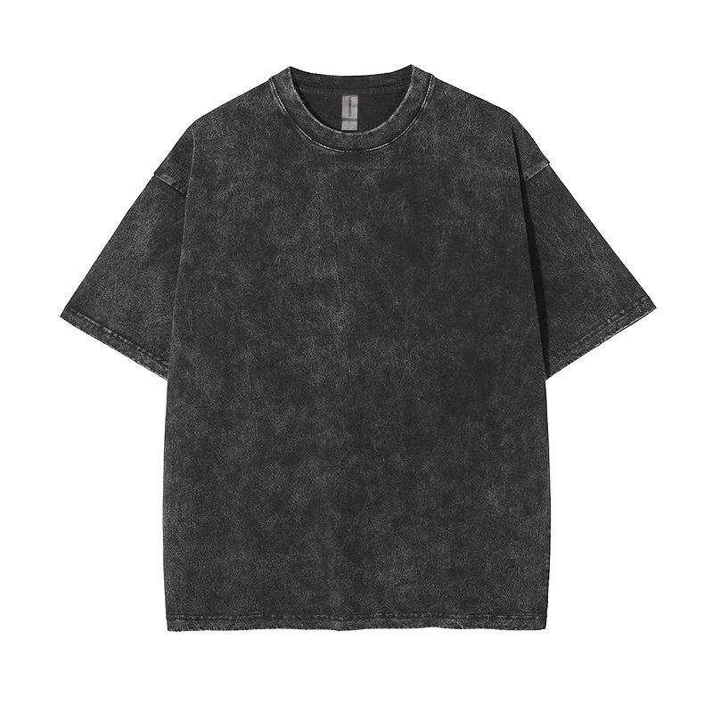 Cross-border 250g pure cotton washing water old t-shirt US size shoulder trendy brand American retro fried snowflake crew neck short sleeve XS
