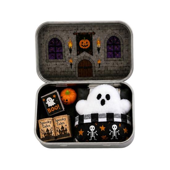 Halloween Cabin Illustration Mini Tin Box Gift, Plush Ghost with Haunted House Gift Scene, Collectible Micro Theater for Kids, Party Favor Dolls